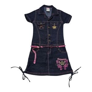Diva Denim Party Dress Size 6X Pink belt Pockets Bling Princess Crown Embroidery